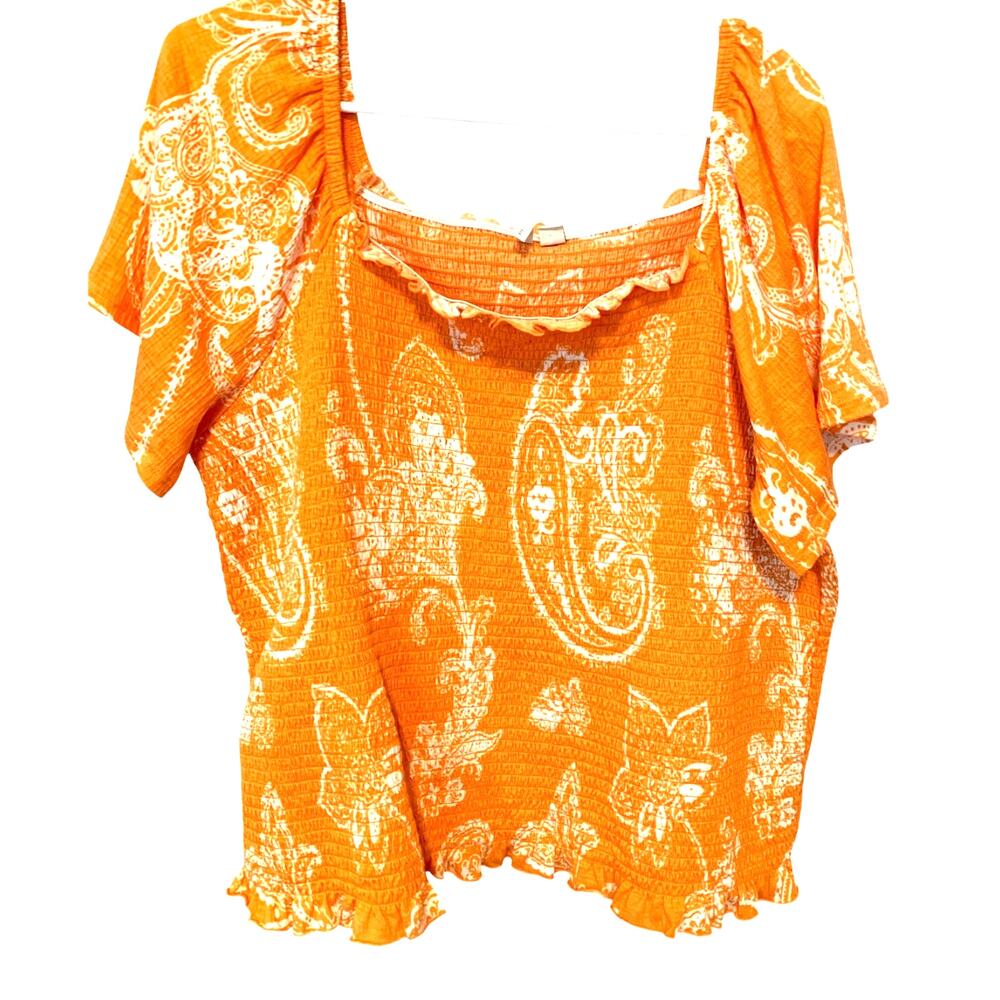 CATO ORANGE/WHITE PATTERN ELASTIC RUCHING FLUTTER SLEEVES PLUS SIZE 18-20